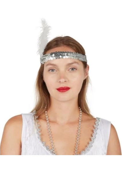 Gümüş Silver Renk Çarliston Tüylü Saç Bandı 80 Li Yıllar Retro