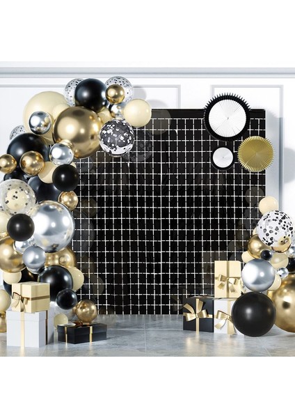 3 Adet Aynalı Disko Siyah Renk Folyo Dekor Süsü Perdesi 2x1 mt Retro Hallow