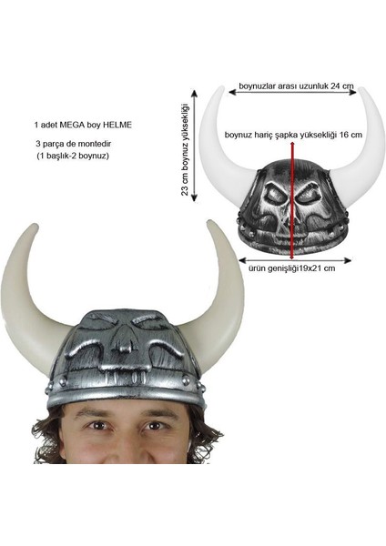 Halloween Skull Kabartmalı Plastik Viking Şapkası Yetişkin Gümüş Eskitme Renk