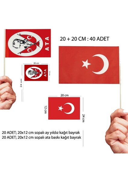 Kırmızı Beyaz Renk Sopalı Ay Yıldız ve Ata Baskılı Kağıt Bayrak 40 Adet 20 x 12 cm Gösteri
