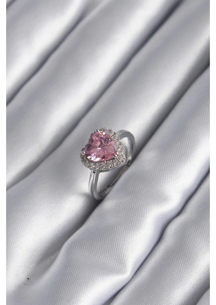 Pirinç Gümüş Renk Pembe Zirkon Taş Kalp Charm Model Kadın Yüzük