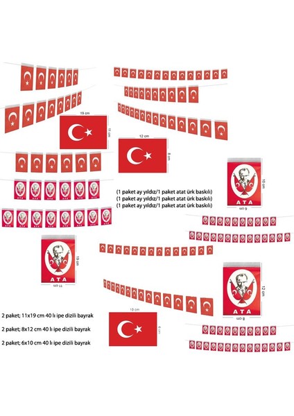 Kırmızı Beyaz Renk Atatürk ve Ay Yıkdız Bakılı Dizgi 40 Lı Kağıt Bayrak 3 Farklı Boy 6 Adet Gösteri