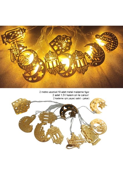 Karışık Figürlerde Ramazan Temalı 10 Metal Ampullü Pilli Gün Işığı LED Işık 2 mt