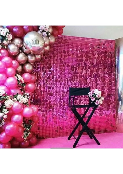 3 Adet Aynalı Disko Fuşya Pembe Folyo Dekor Süsü Perdesi 2x1 mt Retro Hallow