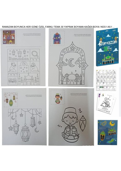30 Adet Ramazan Boyunca Resimli Temalı Boyama Kağıtları 22X20 cm