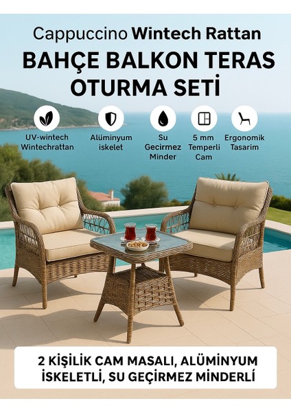 Cappuccino Wintech Rattan Bahçe Balkon Teras Oturma Seti – 2 Kişilik Cam Masalı, Alüminyum Iskeletli, Su Geçirmez Minderli