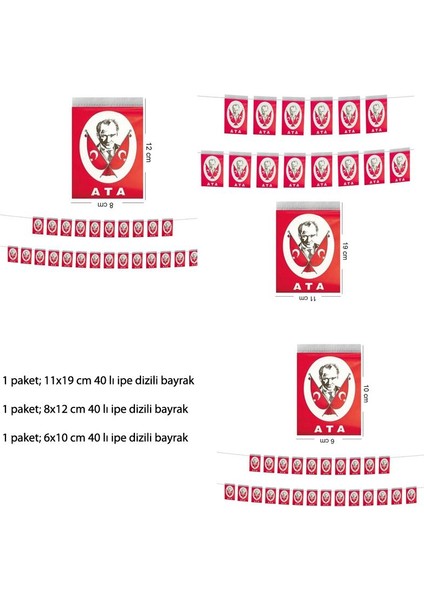Kırmızı Beyaz Renk Atatürk Bakılı Dizgi 40 Lı Kağıt Bayrak 3 Farklı Boy 3 Adet Gösteri