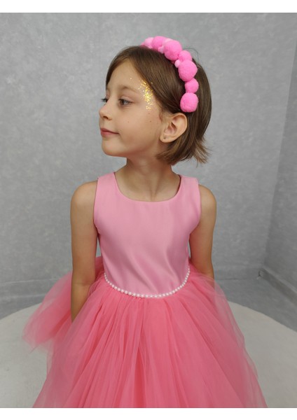 Kız Çocuk Ada Model Abiye Pembe Bel Incili Elbise