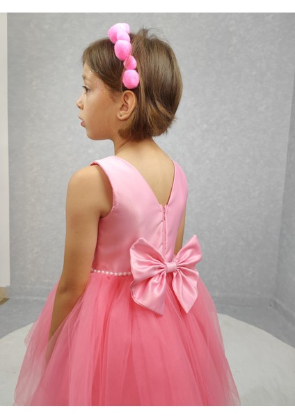Kız Çocuk Ada Model Abiye Pembe Bel Incili Elbise modelleri