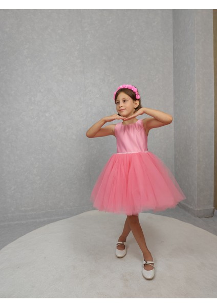 Kız Çocuk Ada Model Abiye Pembe Bel Incili Elbise fırsatları