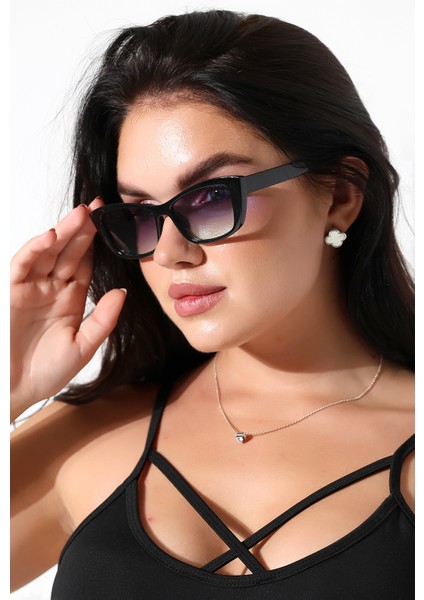 Kadın Siyah Cat Eyes UV400 Güneş Gözlüğü 23009 C2 Çift Renk