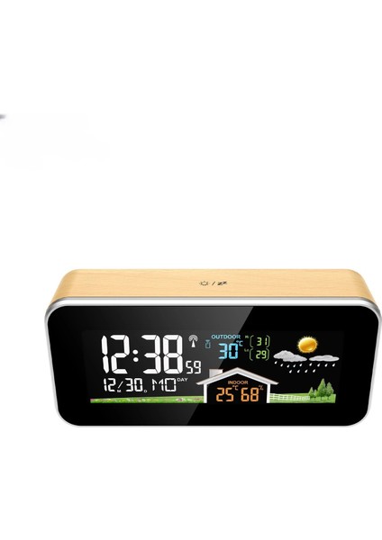Kablosuz Hava Istasyonu – Ahşap Görünümlü Çalar Saatli Dijital Termometre ve Nem Ölçer | Renkli LED Ekran, 60M Kablosuz Menzil, Iç/dış Sıcaklık-Nem Takibi, Hava Durumu Tahmini, 4 Kademe Parlaklık