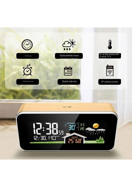 Kablosuz Hava Istasyonu – Ahşap Görünümlü Çalar Saatli Dijital Termometre ve Nem Ölçer | Renkli LED Ekran, 60M Kablosuz Menzil, Iç/dış Sıcaklık-Nem Takibi, Hava Durumu Tahmini, 4 Kademe Parlaklık indirimleri