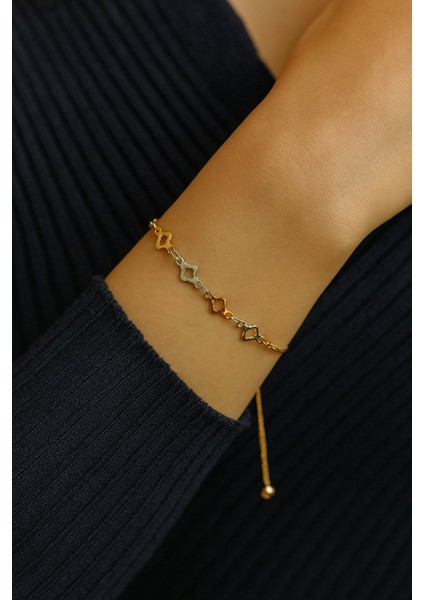 Altın Renk Sarı Beyaz Van Cleff Asansör Çelik Bileklik - 3582