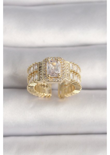 Pirinç Gold Renk Ayarlanabilir Baget Zirkon Taş Model Kadın Yüzük