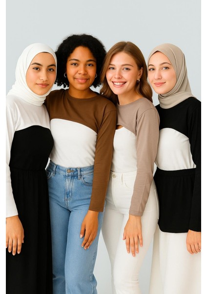 Mırach 4'lü Set Sıfır Yaka Boyunluklu Kolluk - Beyaz Siyah Kahve Bitter | Tesettür Bluz Içlik Crop