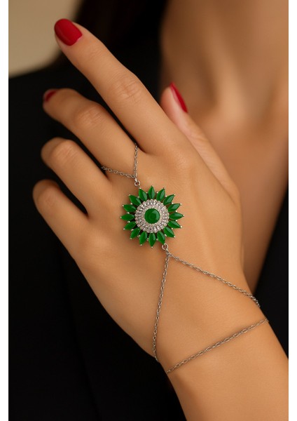 Gümüş Renk Güneş Yeşil Taş Çelik Şahmeran - 3521