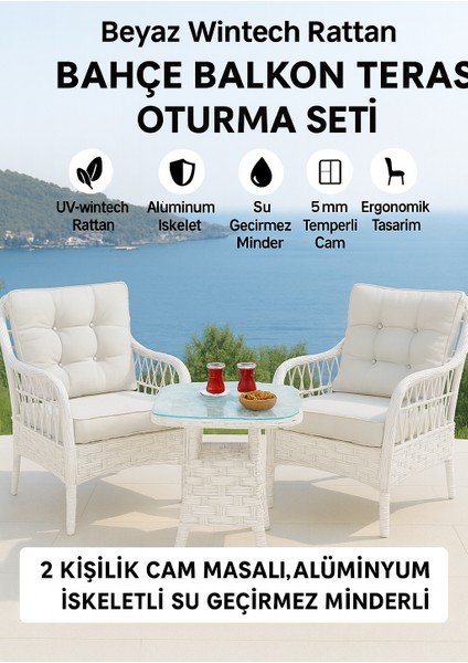 Beyaz Wintech Rattan Bahçe Balkon Teras Oturma Seti – 2 Kişilik, Cam Masalı, Alüminyum İskeletli, Su Geçirmez Minderli, UV Dayanımlı