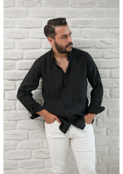 Regular Fit Yaka Düğmeli Yazlık Modal Kumaş Erkek Gömlek