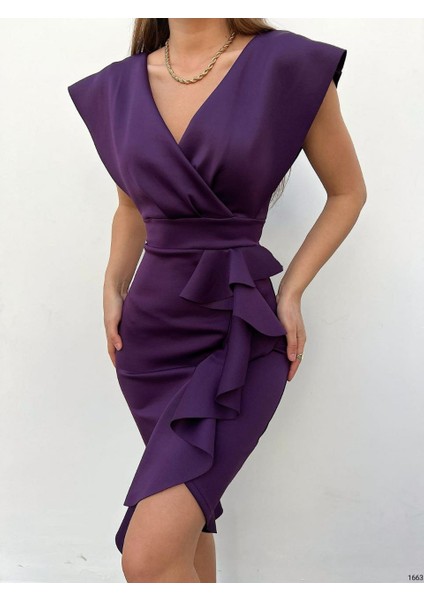 Mottisfashion Scuba Kumaş Önü Fırfırlı Midi Boy Elbise