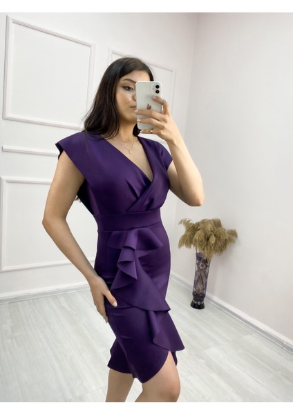 Mottisfashion Scuba Kumaş Önü Fırfırlı Midi Boy Elbise