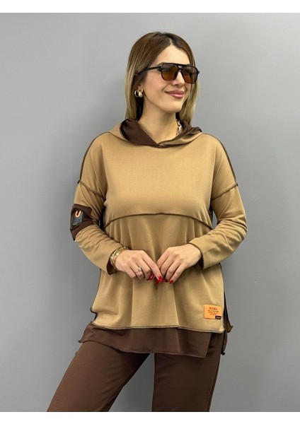 Mottisfashion Kadın Kahve Kapşonlu Etek Ucu Detay Arma Ters Dikiş Gorunumlu Ikili Takım