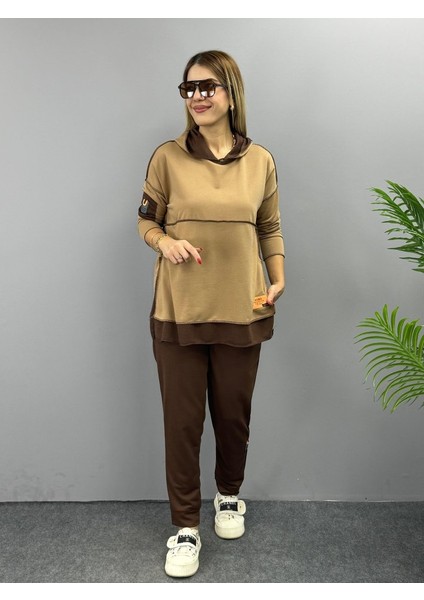 Mottisfashion Kadın Kahve Kapşonlu Etek Ucu Detay Arma Ters Dikiş Gorunumlu Ikili Takım