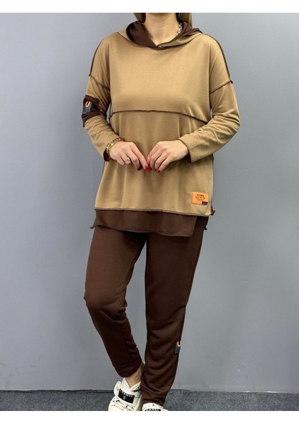Mottisfashion Kadın Kahve Kapşonlu Etek Ucu Detay Arma Ters Dikiş Gorunumlu Ikili Takım