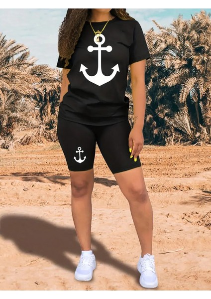Mottisfashion Kadın Kısa Kollu Çapa Baskılı Viskon Ikili Takım