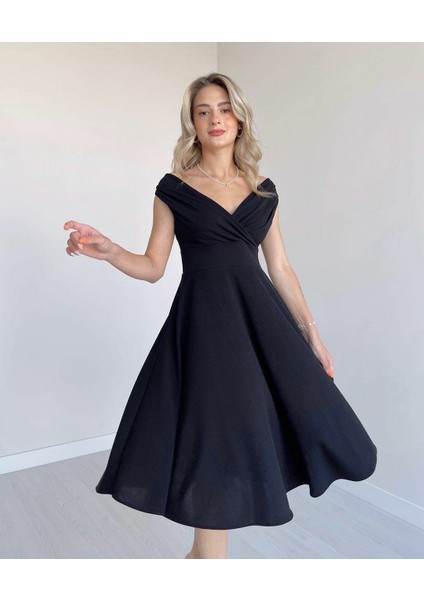 Mottisfashion Kadın Kısa Kollu Kruvaze Yaka Eteği Volanlı Krep Elbise