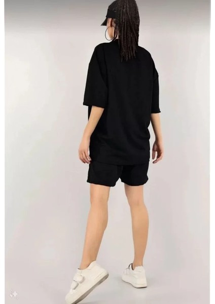 Mottisfashion Unisex Nakış Işlemeli Şort Takım - Siyah