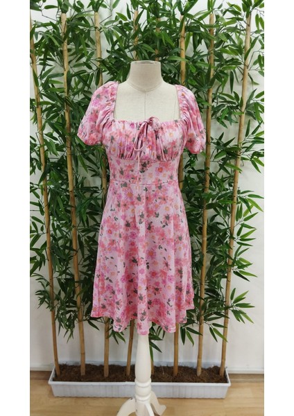 Mottisfashion Kadın Kısa Kollu Mini Çiçek Baskılı Bağcık Detay Süprem Midi Boy Elbise