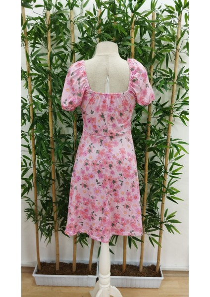 Mottisfashion Kadın Kısa Kollu Mini Çiçek Baskılı Bağcık Detay Süprem Midi Boy Elbise
