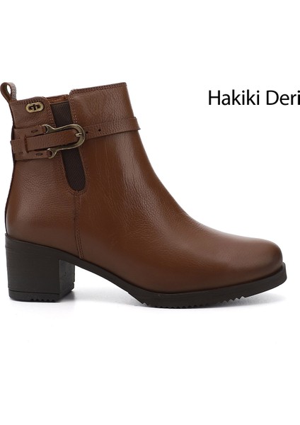 Kadın Taba Fermuarlı Kalın Topuklu Hakiki Deri Bot