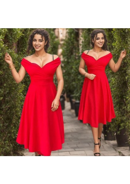 Mottisfashion Kadın Kısa Kollu Kruvaze Yaka Eteği Volanlı Krep Elbise