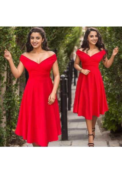 Mottisfashion Kadın Kısa Kollu Kruvaze Yaka Eteği Volanlı Krep Elbise