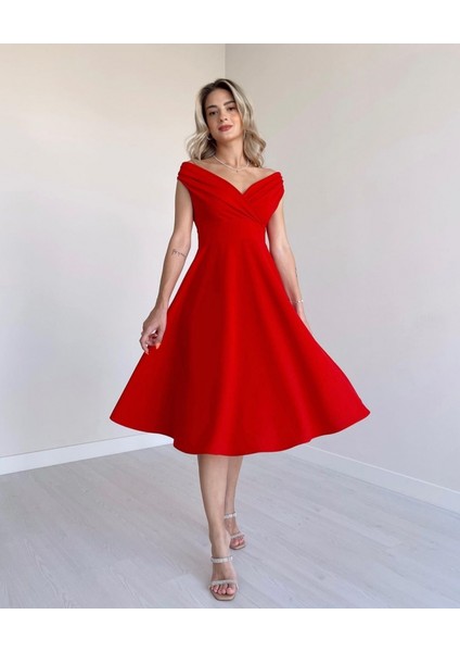 Mottisfashion Kadın Kısa Kollu Kruvaze Yaka Eteği Volanlı Krep Elbise