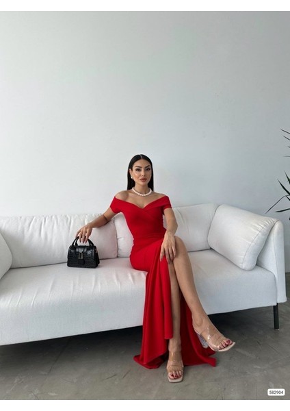 Mottisfashion Kadın Dalgıç Kumaş Kayık Yaka ve Dekolte Detaylı Elbise