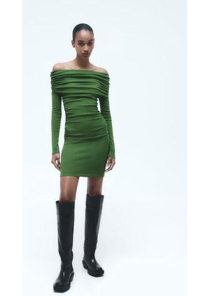 Mottisfashion Kadın Madonna Mendil Yaka Fırsat Ürün Büzgülü Mini Elbise modelleri