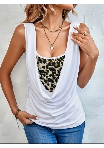 Mottisfashion Kadın Kolsuz Degaje Leopar Detay Bluz