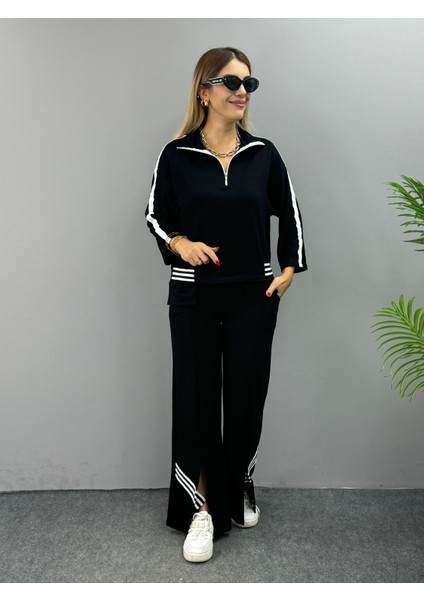 Mottisfashion Kadın Polo Yaka Paça Yırtmaçlı Ribanalı Ikili Takım