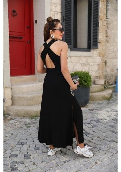 Mottisfashion Kadın Arkadan Çapraz Detay Yuvarlak Yaka Maksi Viskon Elbise