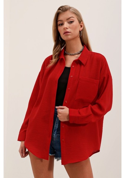 Mottisfashion 20153 Tek Cepli Oversize Gömlek - Kırmızı fırsatları