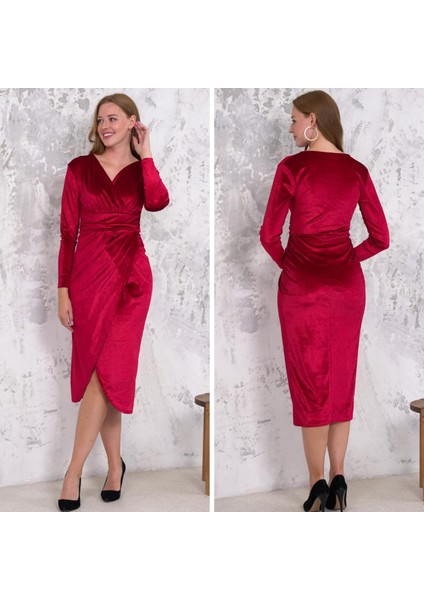 Mottisfashion Kadın Kadife Kumaş V Yaka Uzun Kollu Midi Boy Elbise fiyatları