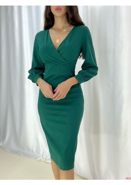 Mottisfashion Kadın Kruvaze Yaka Balon Kol Midi Boy Elbise