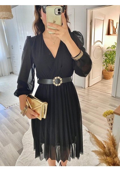 Mottisfashion Kadın Şifon Kumaş Astalı Kloş Kesim Kruvaze Yaka Midi Boy Elbise indirimleri