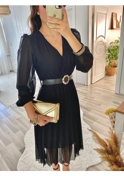 Mottisfashion Kadın Şifon Kumaş Astalı Kloş Kesim Kruvaze Yaka Midi Boy Elbise