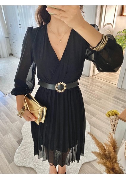 Mottisfashion Kadın Şifon Kumaş Astalı Kloş Kesim Kruvaze Yaka Midi Boy Elbise