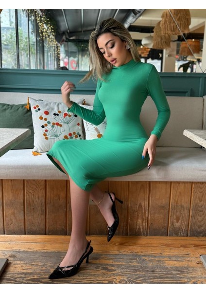 Mottisfashion Kadın Yarım Balıkçı Yaka Süet Kumaş Fırsat Ürün Midi Boy Elbise modelleri