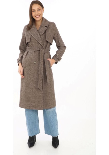 Mottisfashion Balık Sırtı Kaşmir Uzun Kaşe Kaban - Vizon